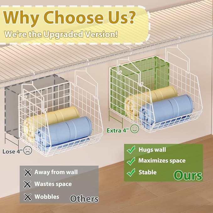 6 Tier Extended Depth Hanging Closet Organizer, Closet Storage Hanging Shelves with Hanging Hooks for Clothes Sweaters Towels Handbags, Stackable Metal Mesh Bins For Closet, Laundry, Bathroom, Dorm