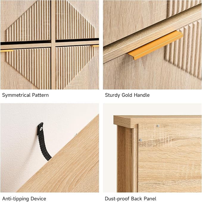 Shoe Cabinet with 4 Flip Drawers & Symmetric Groove Pattern for Entryway | 44.5''W x 9.2''D x 39.4'' Natural Oak Fit for 16-24 Pairs of Shoes Slim Narrow Shoe Storage Cabinet for Hallway Living Room