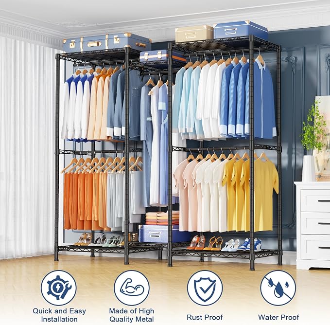 E12 Clothes Rack，Heavy Duty Freestanding Garment Rack with Shelves，Metal Clothing Closet Storage System for Hanging Clothes，57.1" W x 16" D x 76.5" H, Hold 860 lbs，Black