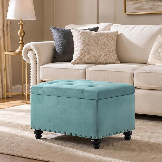 Zihanhome Velvet Storage Ottoman Bench, Button Tufted Ottoman with Hidden Storage, Upholstered Foot Rest Stool with Solid Wood Legs for Living Room, Bedroom, Entryway & Small Spaces (Mint Blue)