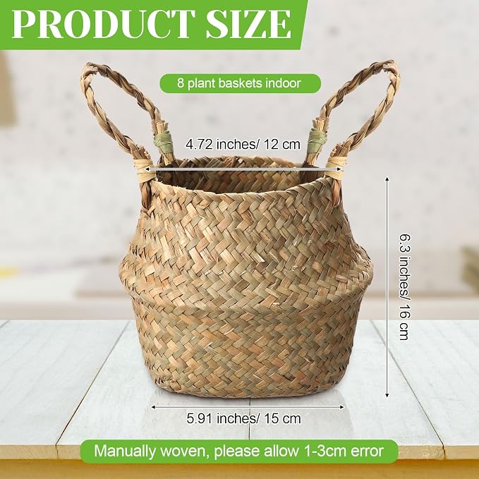 Qunclay 8 Pcs Woven Seagrass Baskets Belly Basket Folding Boho Natural Plant Pot with Handles Round Decorative Wicker Large Indoor Planter for Home Outdoor Tree Planters Decor (Xs,7.9''dx6.3''h)
