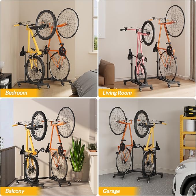 Bike Rack for Garage, Vertical Bike Stand (2 Pack), Fits bikes up to 29" | Freestanding Bike Stand With No Wall Mounting Or Drilling, Adjustable Height, Stores Up To 2 Bikes With Casters For Mobility