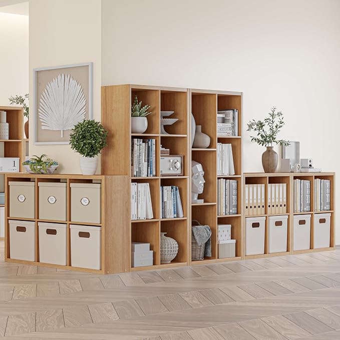 VDNEND Cube Storage Organizer Bookcase, Decorative 11 inch Open Back Cubical Shelf with Thickened Border, Display Bookshelf for Living Room, Home Office, Sturdy Room (Natural Oak, 4 Cube)
