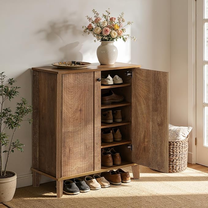 Little Tree Shoe Cabinet with Doors, 5-Tier Shoe Cabinet for Entryway, Modern Farmhouse Entry Way with 3 Adjustable & Removable Shelves for Entryway, Living Room, Mudroom, Rustic Brown