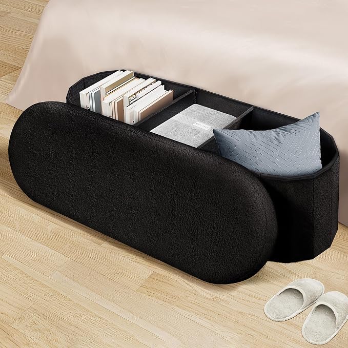 PINPLUS Storage Ottoman Bench Tufted Oval Ottomans Bench Foot Rest, Chest Box Velvet Bench with Storage 43"x15"x15" (Black)