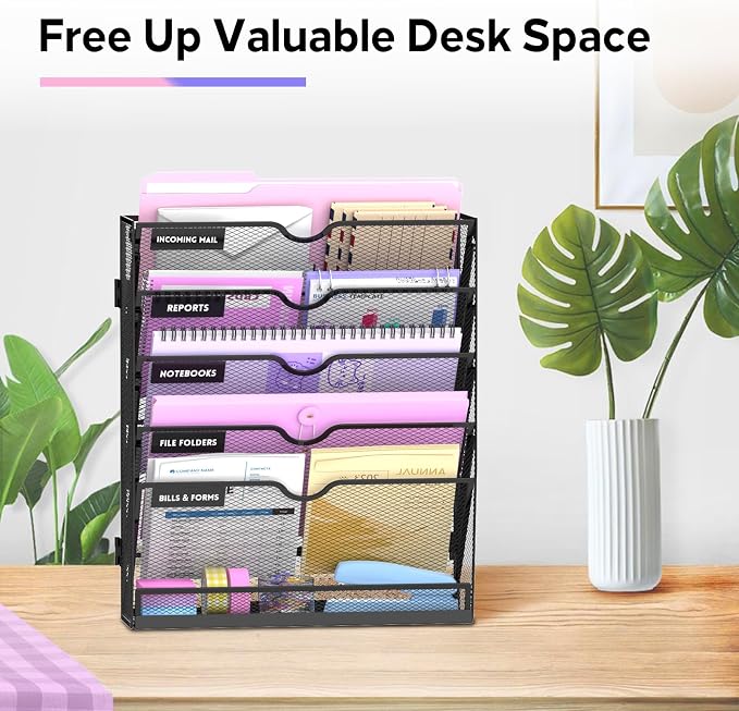 6-Tier Wall File Organizer with Base, Wall Mounted File Holder | Vertical Hanging File Organizer with Open Compartments and Label Holders for Mail, Folders and Paperwork at Home or Work