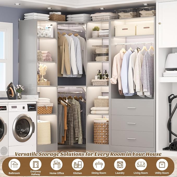 Besiost Corner Closet System with 3 Drawers, Corner Closet Organizer System with 13 Shelves & 3 Hanging Rods, 63.2"L * 39.2"W Reversible L Shaped Walk-in Closets, Load 2000+LBS, Grey