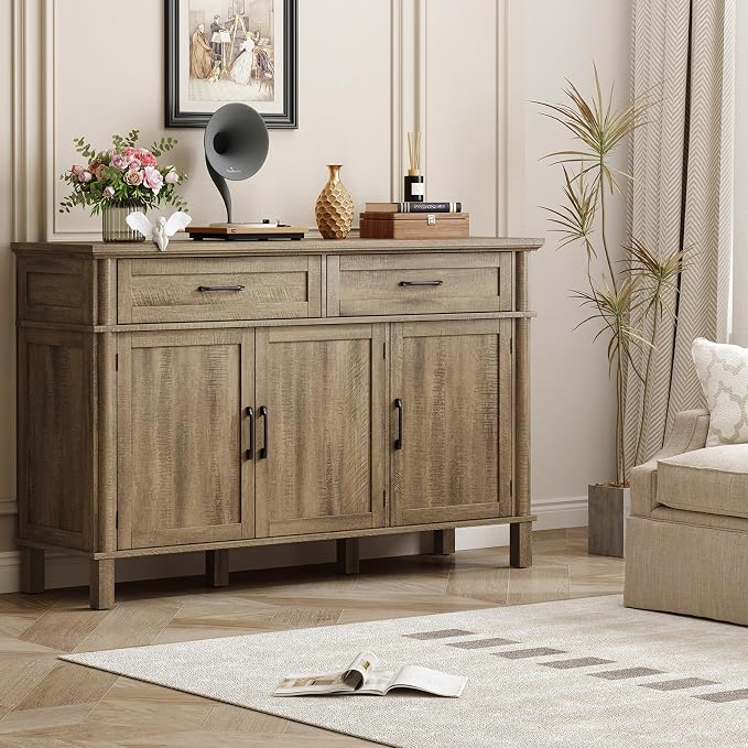 55 Inch Buffet Cabinet with Storage, Farmhouse Sideboard Buffet w/2 Drawers and 3 Doors, Coffee Bar Cabinet with Adjustable Shelves, Sideboard Storage for Kitchen, Living Room, Washed Grey