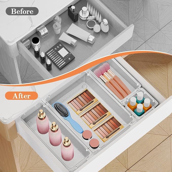 SpaceHacks 25 PCS Plastic Drawer Organizer Set, 4-Size Versatile Organizer Trays & storage Bins for Makeup, Jewelry, and Gadgets in Bathroom, Bedroom and Office,Clear White
