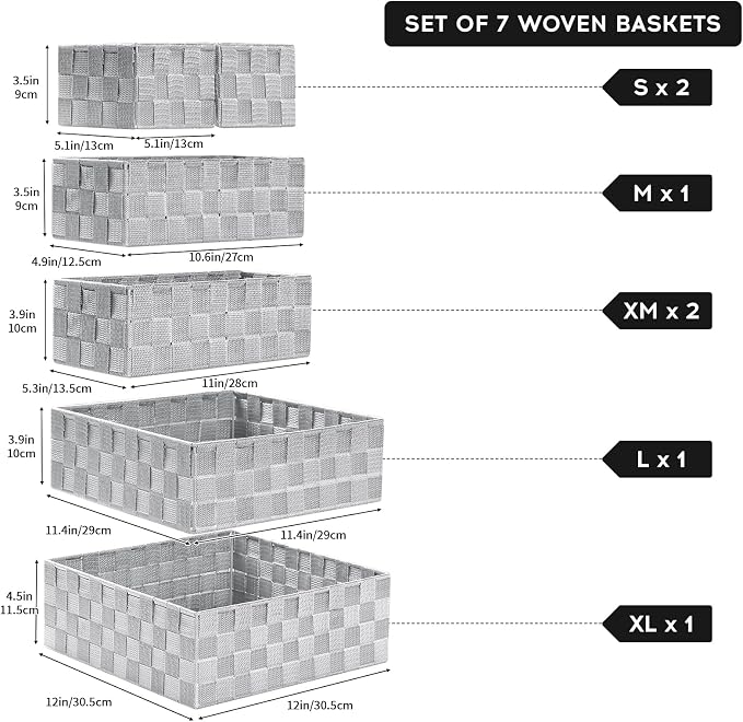 Posprica Small Baskets for Organizing(7 Set) Woven Storage for Shelves, Bathroom, Decorative Closet Organizer, Dresser Bins, Shelf
