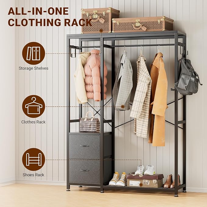 Lulive Clothes Rack with 2 Rods, Shelves, Drawers & Hooks, Garment Rack | Clothes rack with 2 hanging rods (50lbs each), 2 shelves, 2 fabric drawers & 4 hooks. 300lb total capacity. Fits small spaces