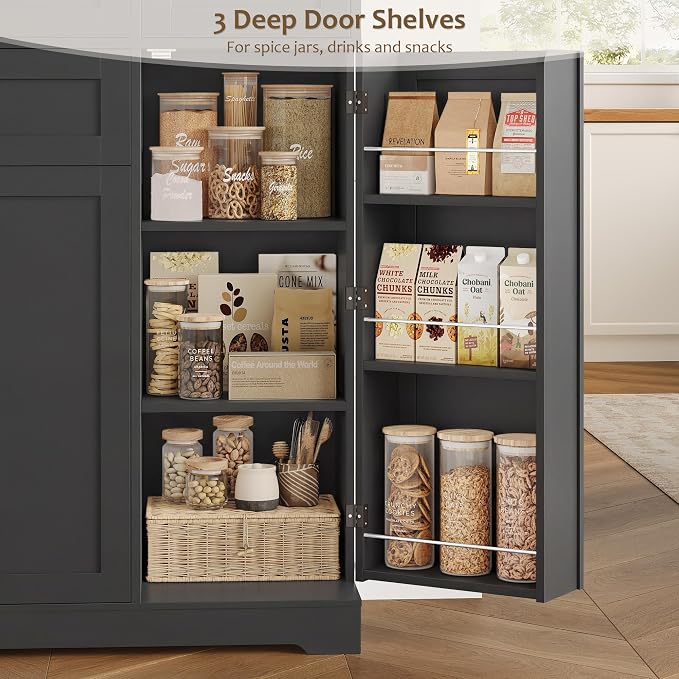 HOSTACK 68" Tall Kitchen Pantry Storage Cabinet with Doors & Shelves, Black | Large Pantry Cabinet with Door Rack, Freestanding Kitchen Storage Cabinet with Drawer, Food Pantry for Dining Living room