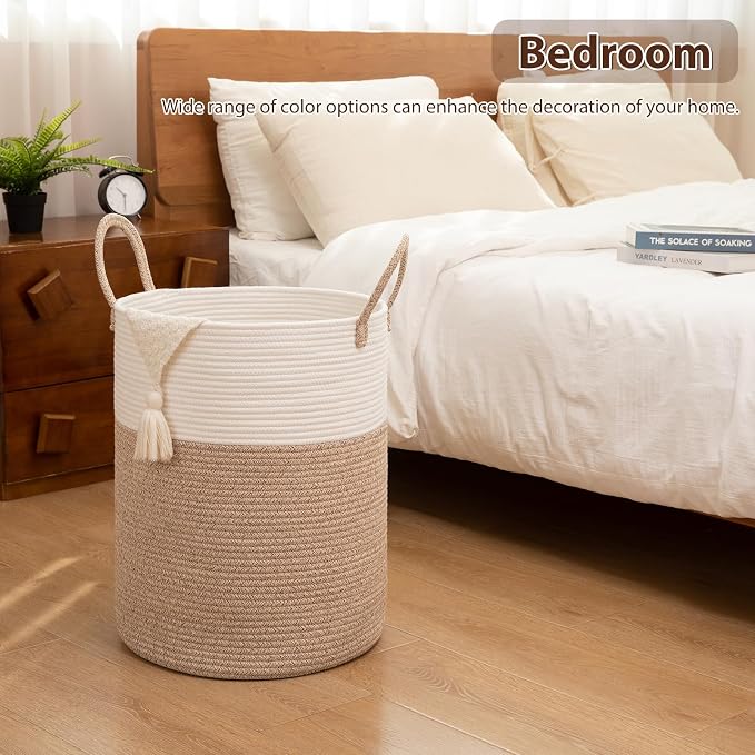OIAHOMY Large Laundry Basket Hamper - 100L Cotton Rope Woven Basket for Blankets, Toys, Clothes - Tall Decorative Nursery Hamper with Long Handles, Brown/White