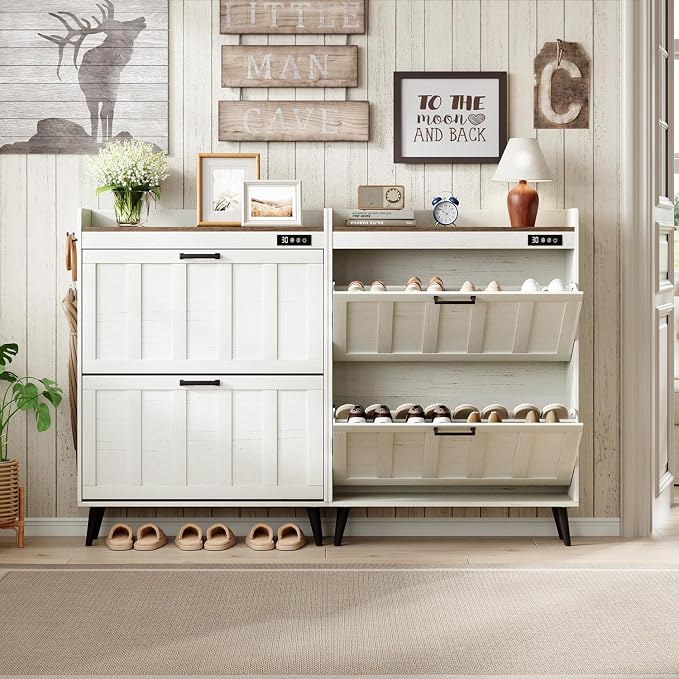 ChooChoo Shoe Storage Cabinet with 2 Flip Drawers for Entryway | Shoe Organizer Storage with Deodorizer, Freestanding Hidden Slim Narrow Shoe Rack Cabinet, Antique White & Brown