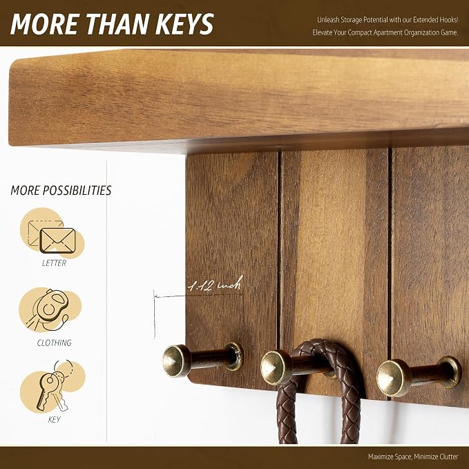 Rebee Vision Acacia Wood Key Holder Wall Mount for Room Decor, Brown | Small Key Holder for Wall, 4 Key Hooks, Shelf, Plant Display, Home Essentials, Home Decor, Compact Entryway Storage