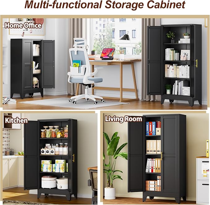 61" Black Metal Storage Cabinet with 2 Doors and 3 Adjustable Shelves,Steel Garage Tool Cabinet, File Cabinet,Kitchen Pantry Cabinet for Home,Office,Garage,School,Warehouse