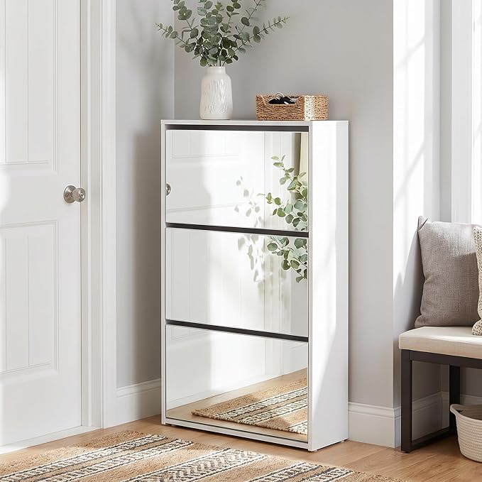 HOPUBUY Shoe Cabinet for Entryway, Narrow Shoe Storage with 3 Flip Drawers | Wood Slim Shoe Rack, 3 Tier Thin Shoe Organizer for Home and Apartment, Mirror