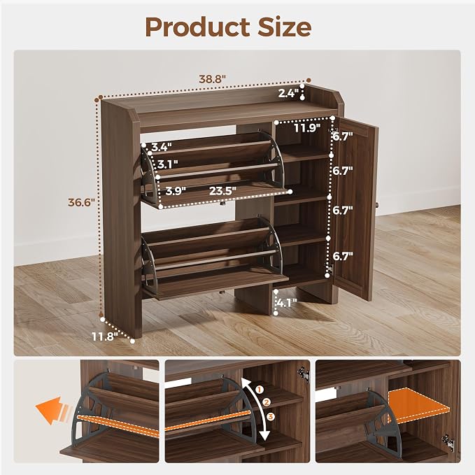 Shoe Cabinet Storage for Entryway with 2 Flip Drawers(3-Tier), Rattan Freestanding with Door & 3 Adjustable Shelve,Hidden Shoe Rack Organizer for Hallway, Foyer