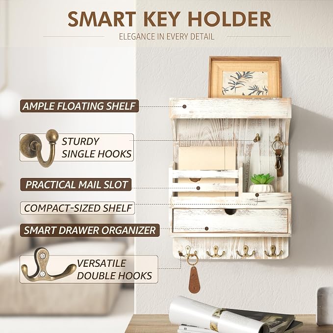 Rebee Vision Key Holder Wall Mount with Drawer for Home Decor, Whitewash | Pine Wood, Key Holder for Wall, 6 Rustic Hooks, Floating Shelf, Drawer Organizer, Mail Organizer, Chic Home Decor, Storage
