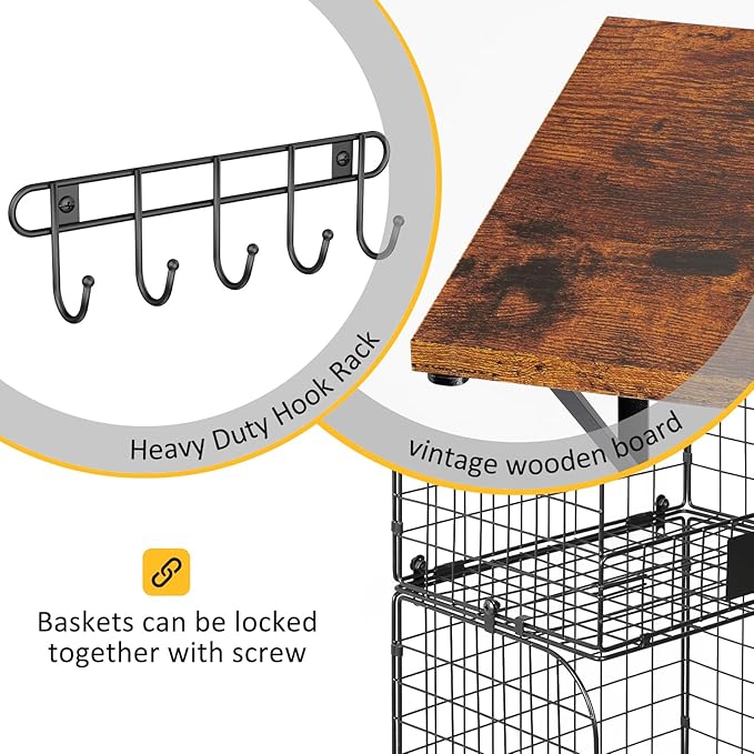 ThreeHio 2 Pack Garage Shelves Wall Mounted with Wire Storage baskets, Heavy Duty Garage Wall Shelving with Hooks, Wooden floating shelves Tool Organizer for Home Garden Garage Organizers and Storage