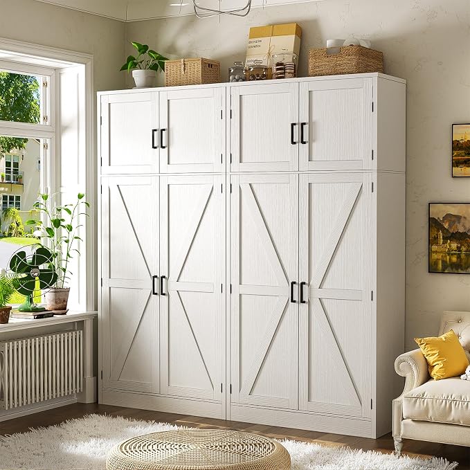 Unikito 71” Tall Kitchen Pantry Storage Cabinet with Adjustable Shelves | Large Farmhouse Storage Cupboard, Barn Doors, Sturdy and Deep, Versatile for Dinning Room, Bathroom, Living Room, White