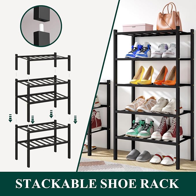 Smiry Bamboo Shoe Rack, 12 Vertical Slats, 3 Tier - 17.3" Wide, Black | Stackable Free Standing Wooden Shoe Organizer, Wood Shoe Storage Shelf for Closet, Entryway