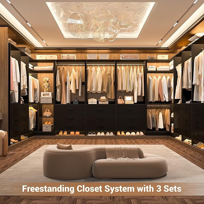 Aheaplus Closet System with 3 Drawers, 2 Hanging Rods & Corner Tower, Corner Closet System with Hanging, L-Shaped Walk-In Wardrobe Organizer, 1300+ lbs Capacity, Set of 2, Black