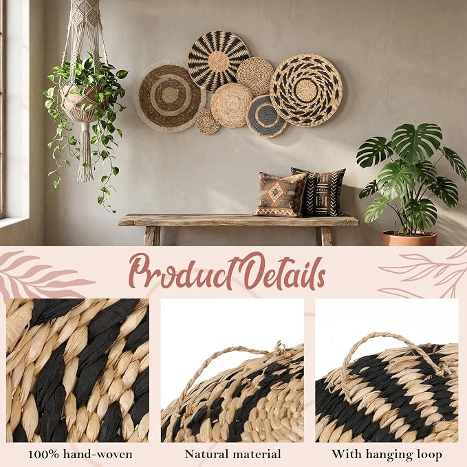 7 Pcs Boho Wall Basket Decor Decorative Hanging Woven Wall Basket Decor Round Farmhouse Hanging Baskets Handmade Woven Baskets Walls Decorative for Kitchen Rustic Home Summer Decorations