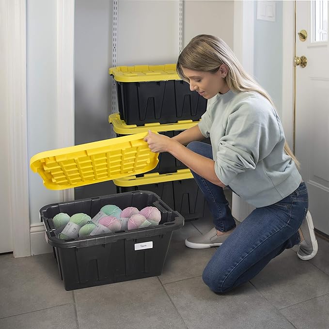 CX Heavy Duty 12-Gallon Stackable Plastic Storage Bins with Lids, 4 Pack | Storage totes for garage organization, Stackable containers, weather-resistant, snap lid, 12.5H x 16.3W x 21.8D, Black/Yellow