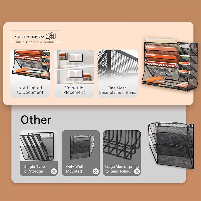 5-Tier Wall File Organizer with 4 Pen Holders and R-Shaped Tray, Black | 5-Tier Wall Organizer and Wall File Organizer with 4 Pen Holders and R-Shaped Base for Wall Mount or Desktop Use