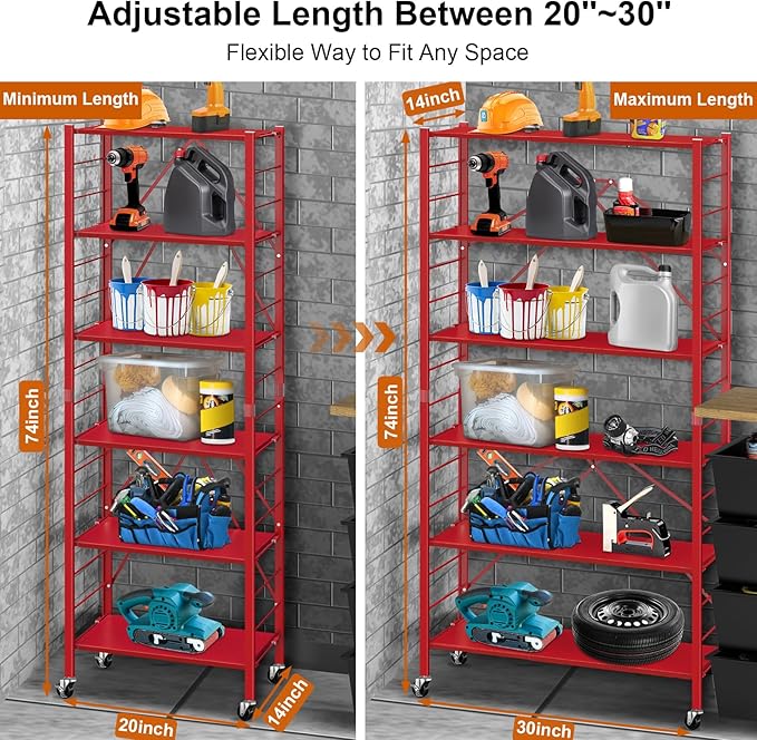 Himix 6-Tier Expandable Storage Shelves Wheels Foldable Shelf Garage Red | Folding shelving units, Metal collapsible organization, Changeable into 2 shelf units, Adjustable, Basement, Holds 3600 Ibs