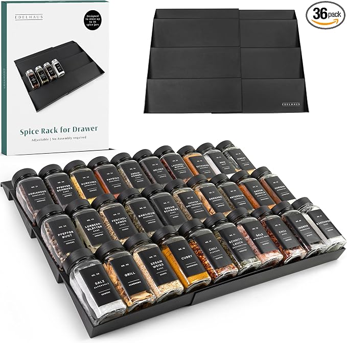 EDELHAUS Spice Drawer Organizer - Expandable Spice Rack for Drawer, Black Seasoning Organizer for Drawer Spice Organizer, Spice Organization Seasoning rack insert for Cabinet (Jars Not Included)