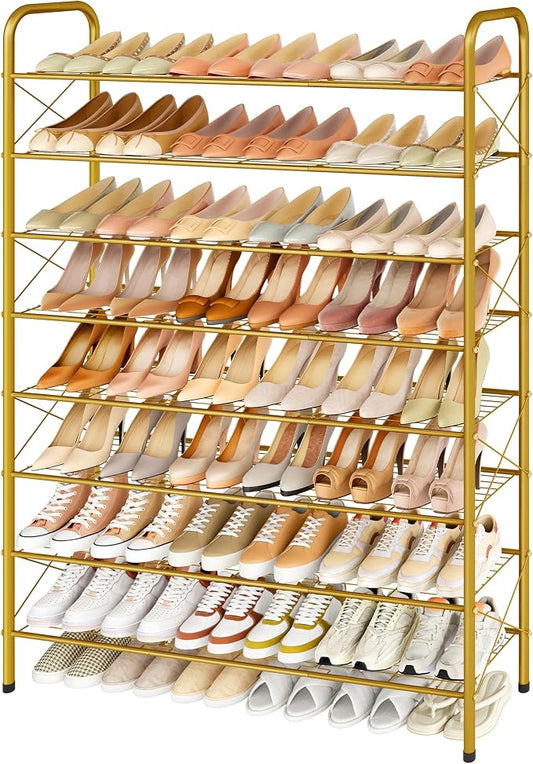 Hoctieon 8 Tier Shoe Rack for Closet, Durable Mesh Style Shoe Rack, Entryway Shoe Shelf, Shoe Storage Organizer for Hallway, Bedroom, Living Room, Wardrobe, Gold