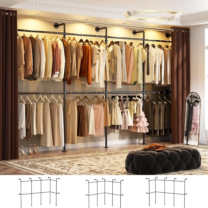 Aheaplus Industrial Pipe Clothing Rack, Reversible 13FT Clothes Rack for Hanging Clothes, Heavy Duty Garment Racks, Wall Mounted Closet Wardrobe, Corner L Shaped Walk-in Closet System, Black