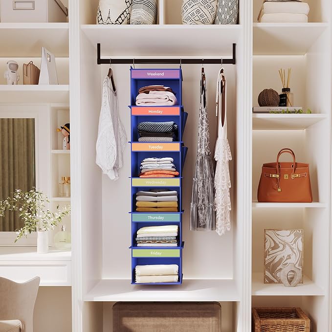 YOUDENOVA Weekly Clothes Organizer for Kids, Hanging Closet Organizer, Blue | Days of the Week Clothes Organizer, Reinforced Bamboo Slats, Kids' School Outfit Planning, Breathable Fabric, 2 Side Pockets