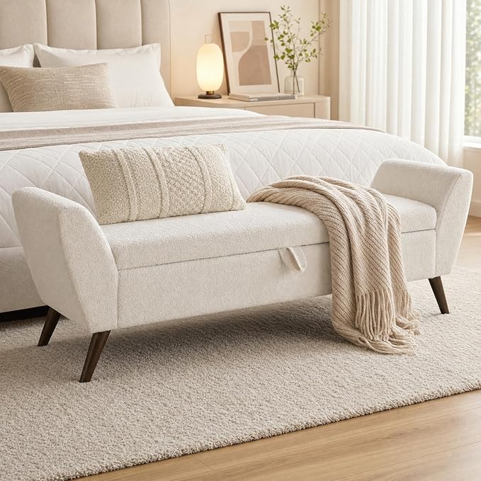60" Storage Ottoman Bench, End of Bed Bench King Size Beige | Solid Wood Legs, Large Hidden Storage, High-Resilience Foam, Teddy Fabric