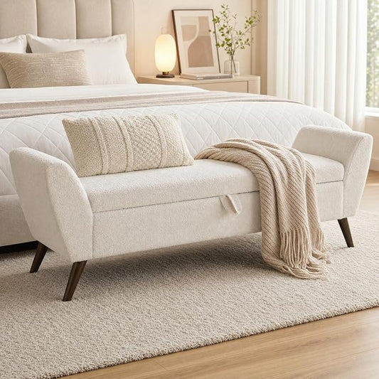60" Storage Ottoman Bench, End of Bed Bench King Size Beige | Solid Wood Legs, Large Hidden Storage, High-Resilience Foam, Teddy Fabric