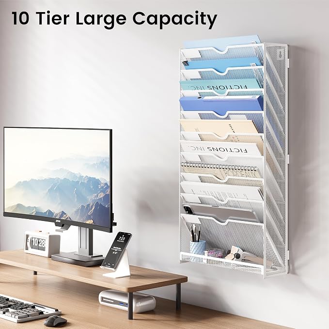 10-Tier Wall Mounted File Organizer, Metal Mesh Paper Holder (White)