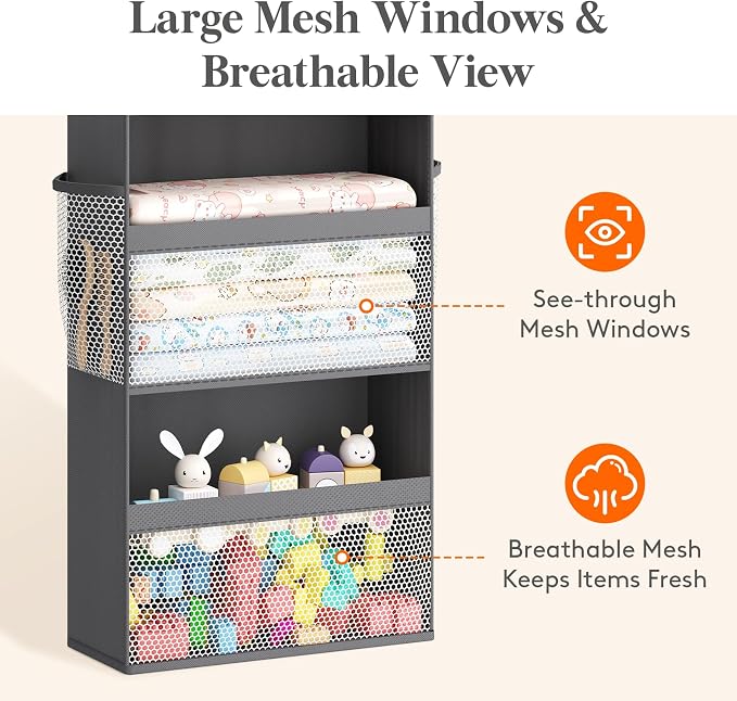 Lifewit 5 Tier Over the Door Diaper Organizer for Nursery, Large Heavy Duty Hanging Storage with 4 Mesh Side Pockets, Sturdy Back of Door Shelf for Baby Stuff Toy in Pantry, Laundry, Bathroom, Gray