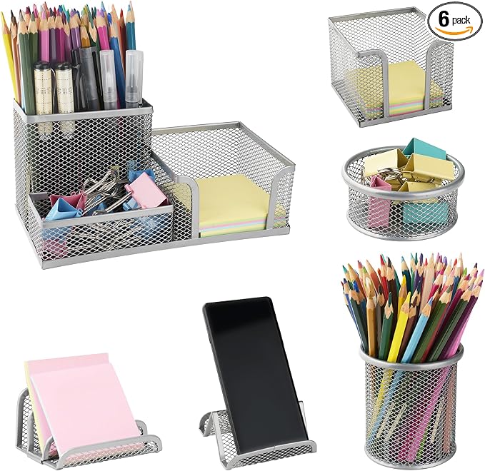 Desk Organizer for Office, 6 Pieces Mesh Desk Multi-functional Storage Set Office Supplies Accessories (Silver)