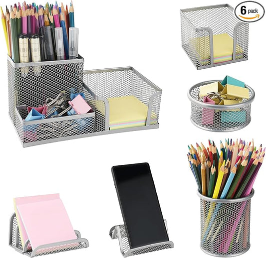 Desk Organizer for Office, 6 Pieces Mesh Desk Multi-functional Storage Set Office Supplies Accessories (Silver)