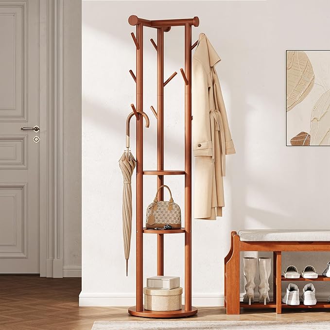 Pipishell Solid Wood Freestanding Coat Rack with 5 Wheels, 9 Hooks, Shelves | 100% pine wood, 5 smooth-rolling wheels, 3-tier storage shelves, thickened base, T-shaped top for balance, CARB-certified