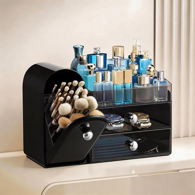 HBlife Makeup Organizer Countertop with Drawers, Vanity Organizers with Brush Holder, Bathroom Counter Organizer for Perfume, Nail Polishes, Lipsticks, Skincare and Eyeshadow Palettes, Black Silver
