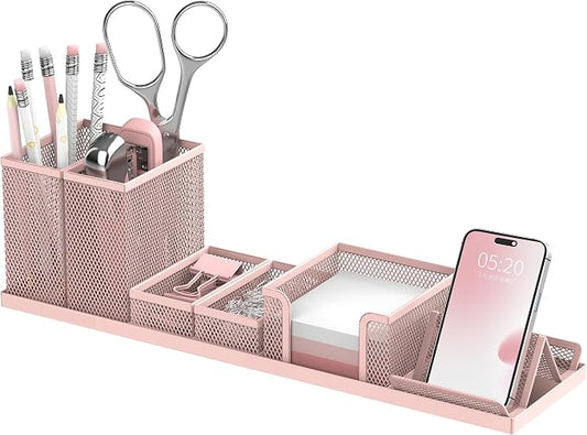 Pen Holder for Desk, 6-Piece Mesh Desk Organizer with Phone Holder, Pink | 6-Piece Black Mesh Desk Set Includes Pen Cups, a Sticky Note Caddy and Phone Holder for Office, School, Home