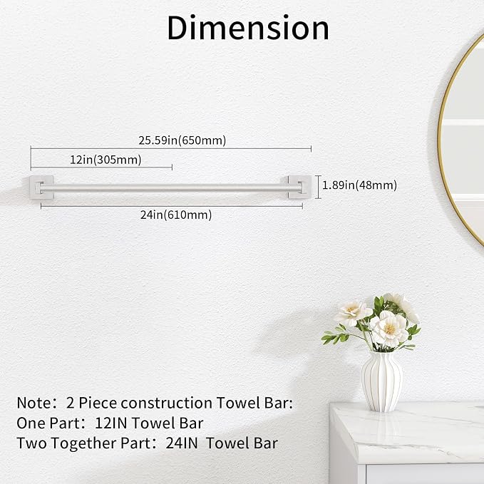 MKO Towel Bar for Bathroom, 24" Wall Mounted Towel Rack, Brushed Nickel | Hand Towel Holder Rod with Heavy-Duty Stainless Steel for Bathroom Kitchen Hanger, 2 Pack Value