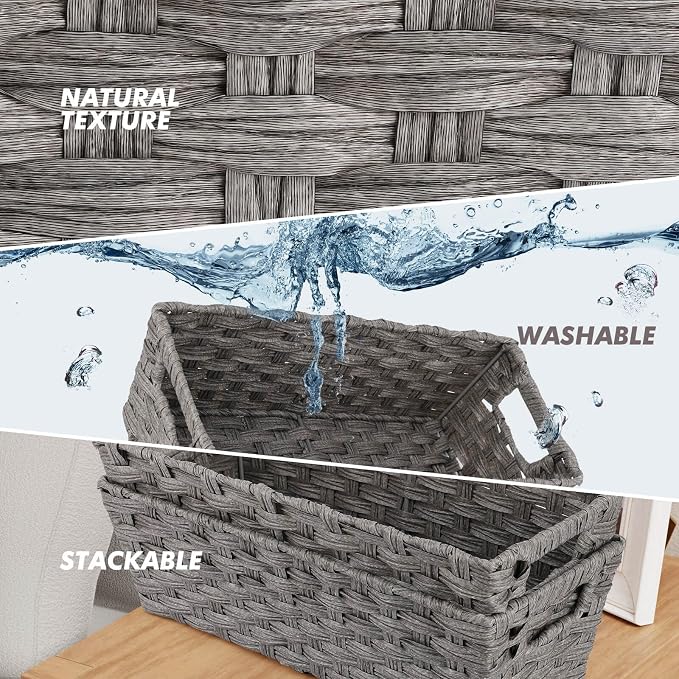 2-Pack Plastic Wicker Toilet Paper Baskets, 15.75"x6.75"x4.75", Grey | onlytak woven bins for bathroom, toilet tank, shelf organization, and home decor.
