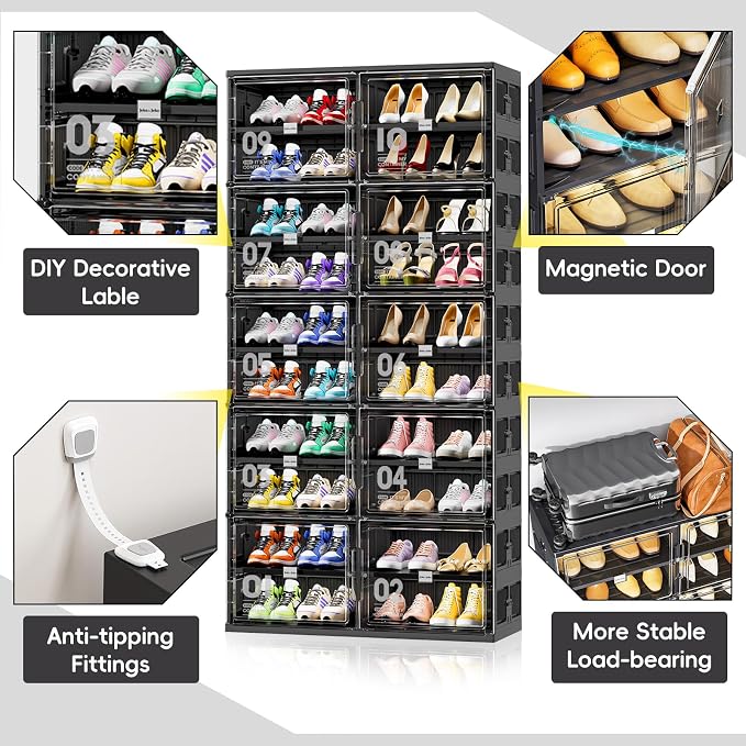 JEKO&JEKO 9 Tiers Foldable Boot Storage Shoe Rack Cabinet for Closet Entryway, Large Collapsible Shoe Organizer with Magnetic Doors (Black)