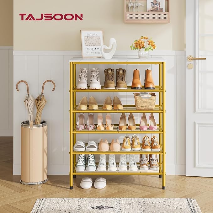 6 Tier Shoe Rack Organizer for 20-24 Pairs of Shoes, Metal Mesh Shoe Shelf for Closet, Industrial Shoe Rack for Entryway Shoe Storage with X Shape Fixed Frame, White & Gold | Sturdy & Durable, X Shape Fixed Frame, Metal Mesh Shoe Shelf, Industrial, For...