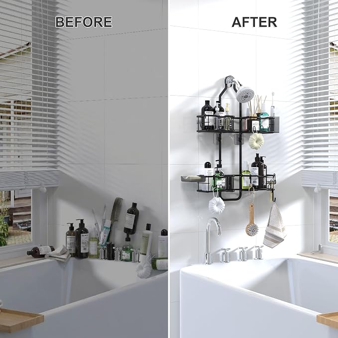 Shower Caddy Hanging Organizer, Rustproof Over Shower Head Caddy Holder with Hooks for Razor/Sponge, No Drilling Bathroom Racks Bath Storage Shelves for Shampoo Soap Towels, Black