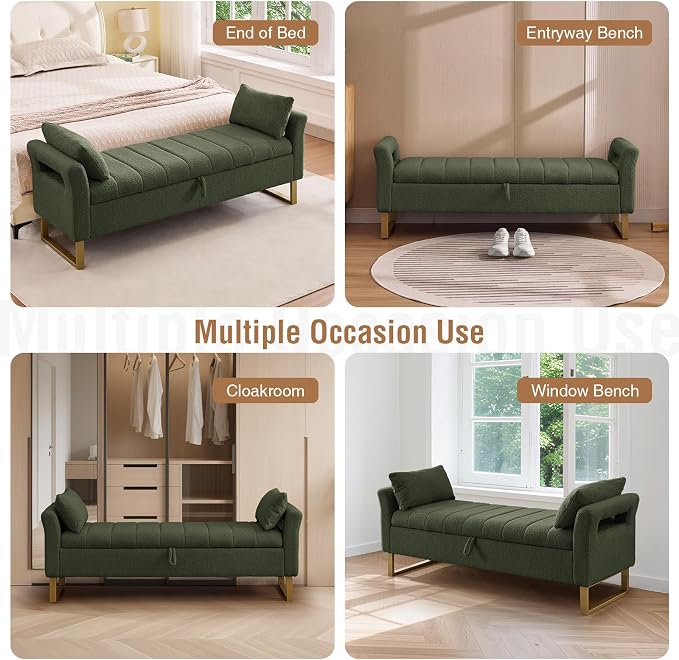 66" Storage Bench for Bedroom Upholstered End of Bed Bench King Size Green | Long Bedroom Benches for Foot of Bed King,Teddy Storage Bed Bench with Gold Legs,2 Pillows for Entryway Windows Cloakroom